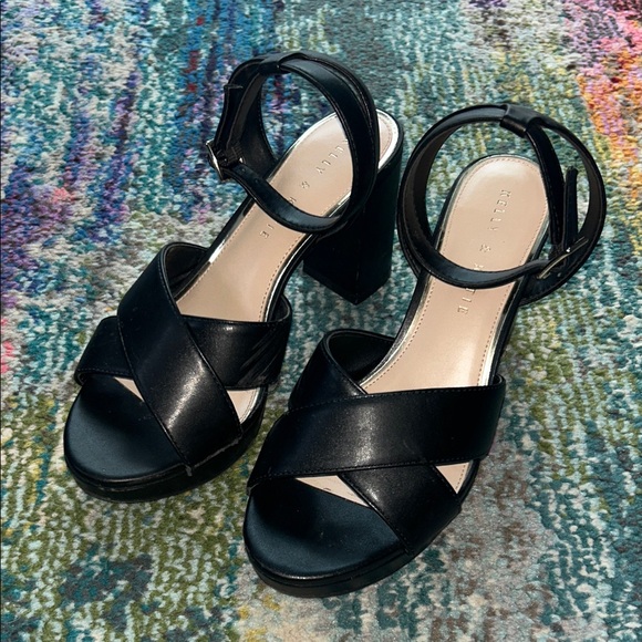 Kelly & Katie Shoes - Kelly & Katie Black Crisscross Ankle Strap Block Heels